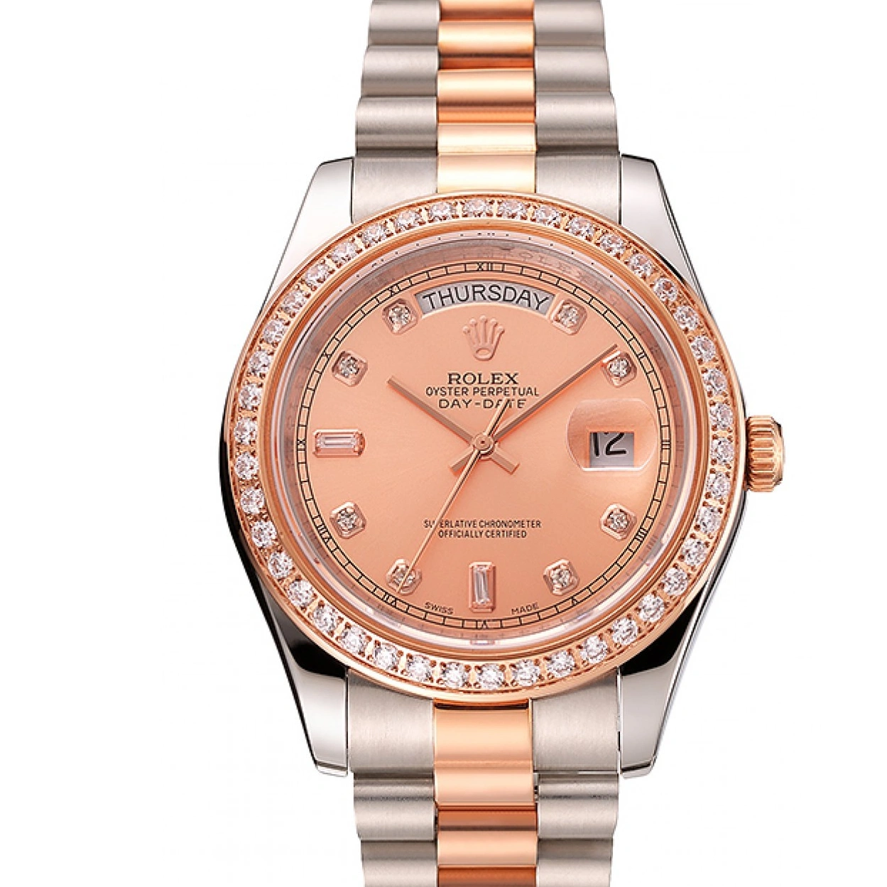 RepTime Watches 0212 Swiss Rolex Day-Date Diamonds Bezel Rose Gold And Staineless Steel Bracelet 1454107