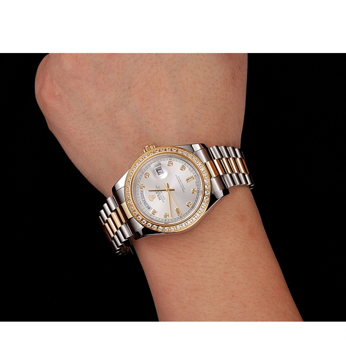 RepTime Watches 0224 Swiss Rolex Day-Date White Dial Gold Diamond Case Two Tone Stainless Steel Bracelet 1453972