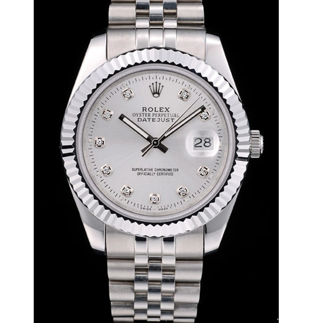 RepTime Watches 0224 Rolex DateJust Stainless Steel Ribbed Bezel Silver Dial 41977