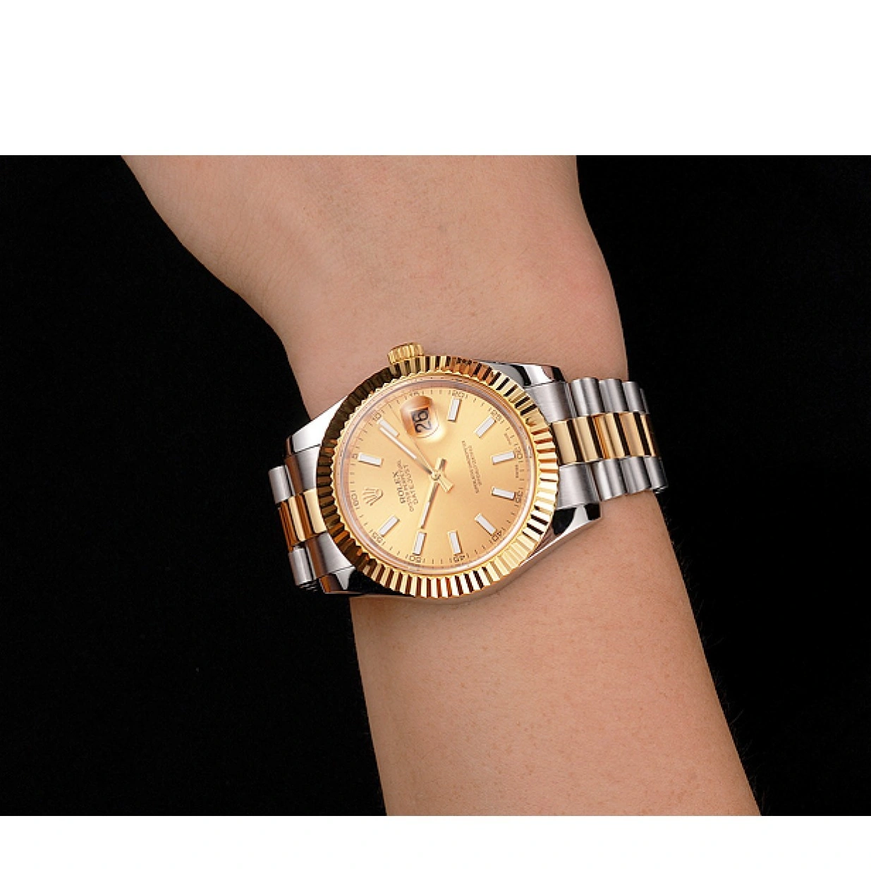 RepTime Watches 0226 Swiss Rolex Datejust Gold Dial Gold Bezel Stainless Steel Case Two Tone Bracelet