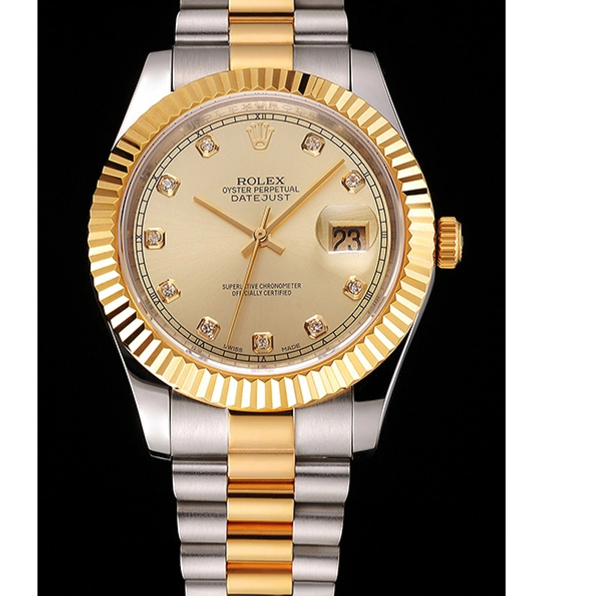 RepTime Watches 0222 Swiss Rolex Datejust Gold Dial And Bezel Stainless Steel Case Two Tone Bracelet