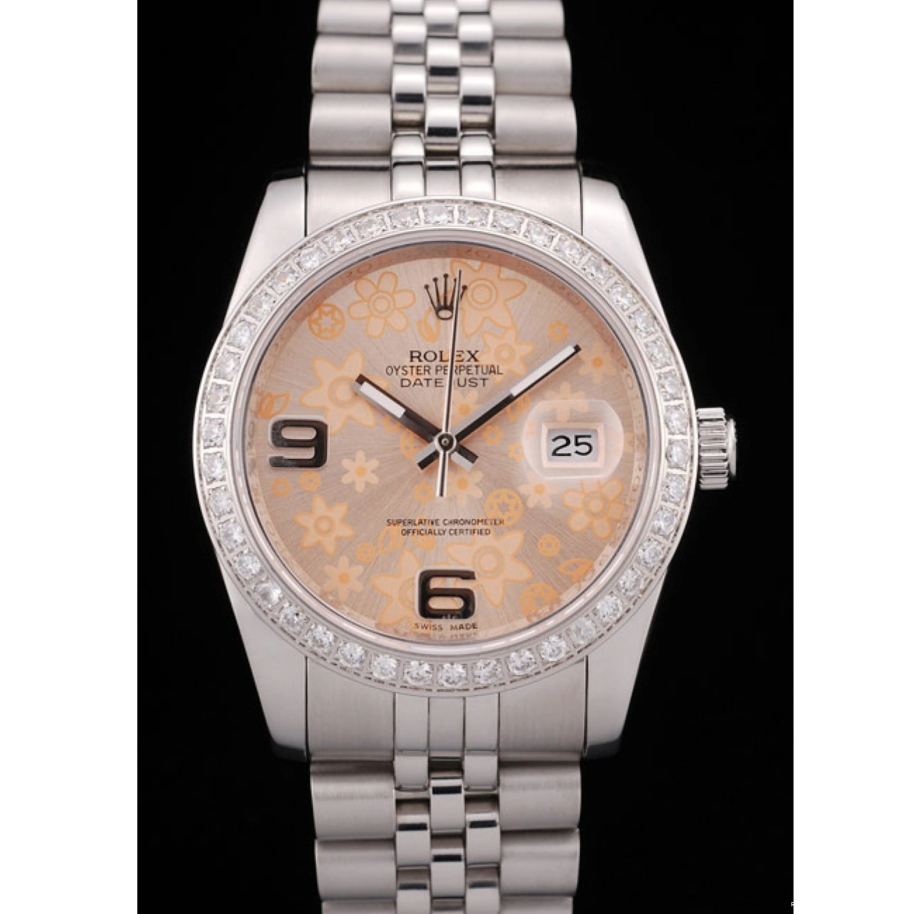 RepTime Watches 0208 Rolex DateJust Brushed Stainless Steel Case Orange Flowers Dial Diamonds Plated