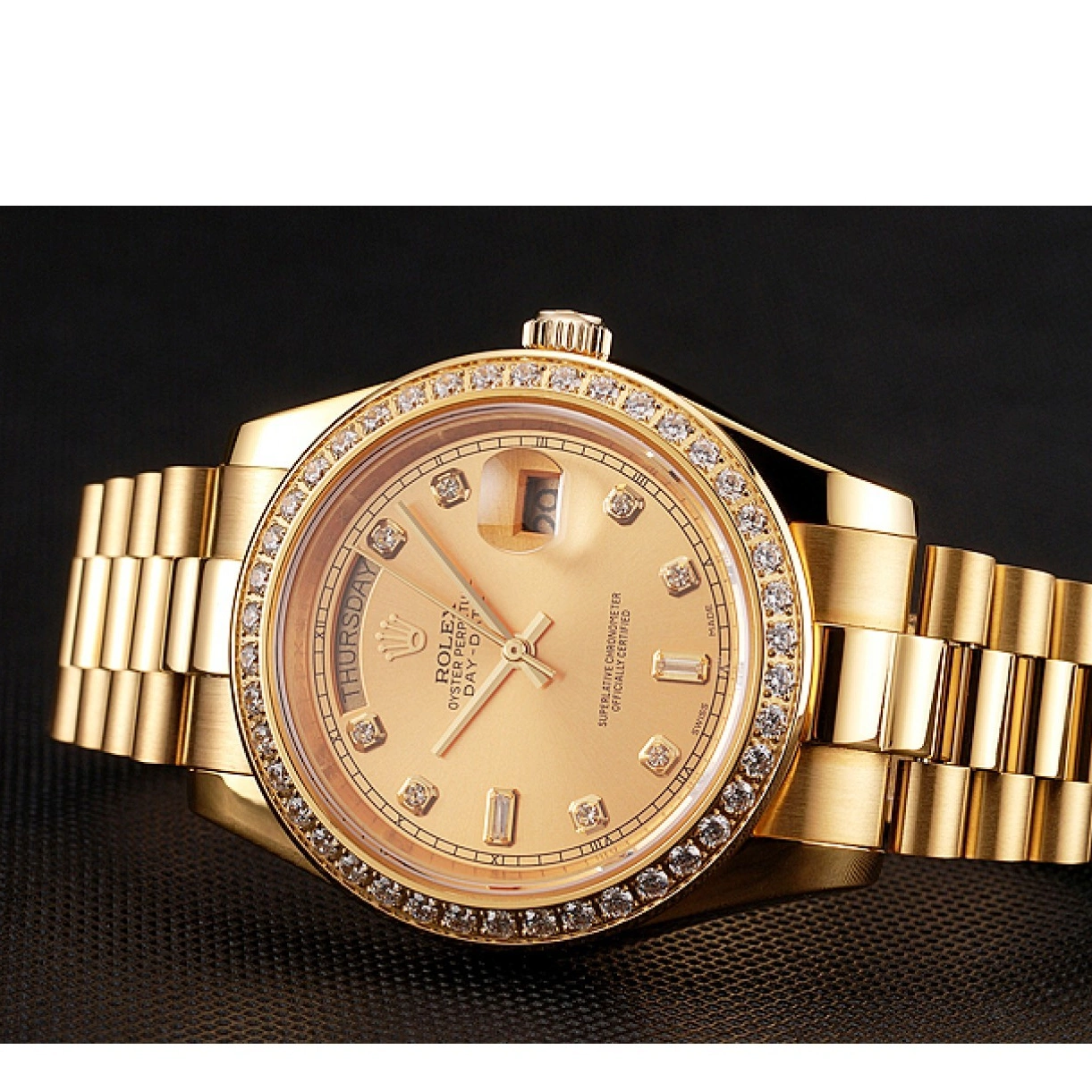 RepTime Watches 0219 Swiss Rolex Day-Date Champagne Dial Diamond Bezel Gold Bracelet 1454099