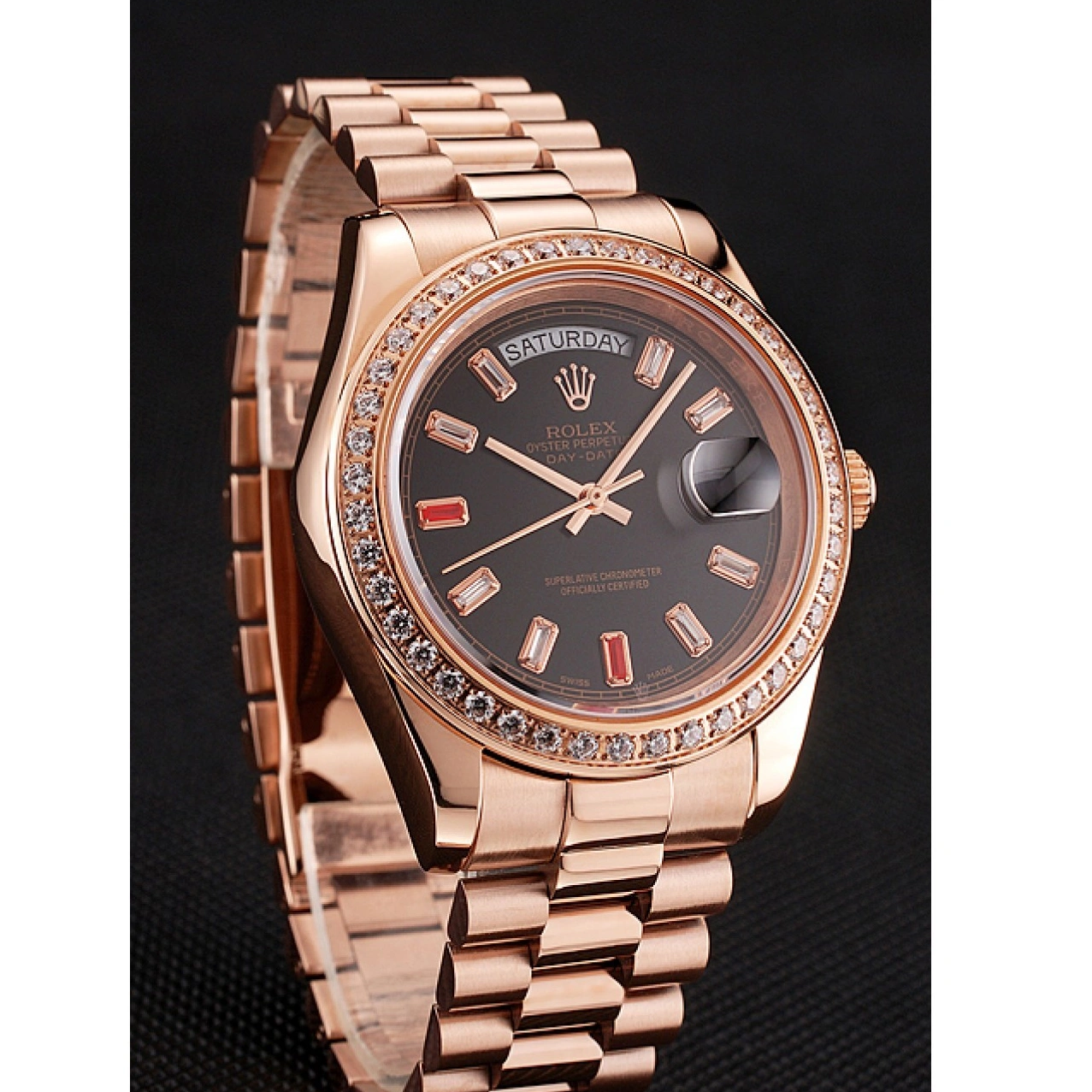 RepTime Watches 0211 Swiss Rolex Day-Date Diamonds And Rubies Black Dial Rose Gold Bracelet 1454102