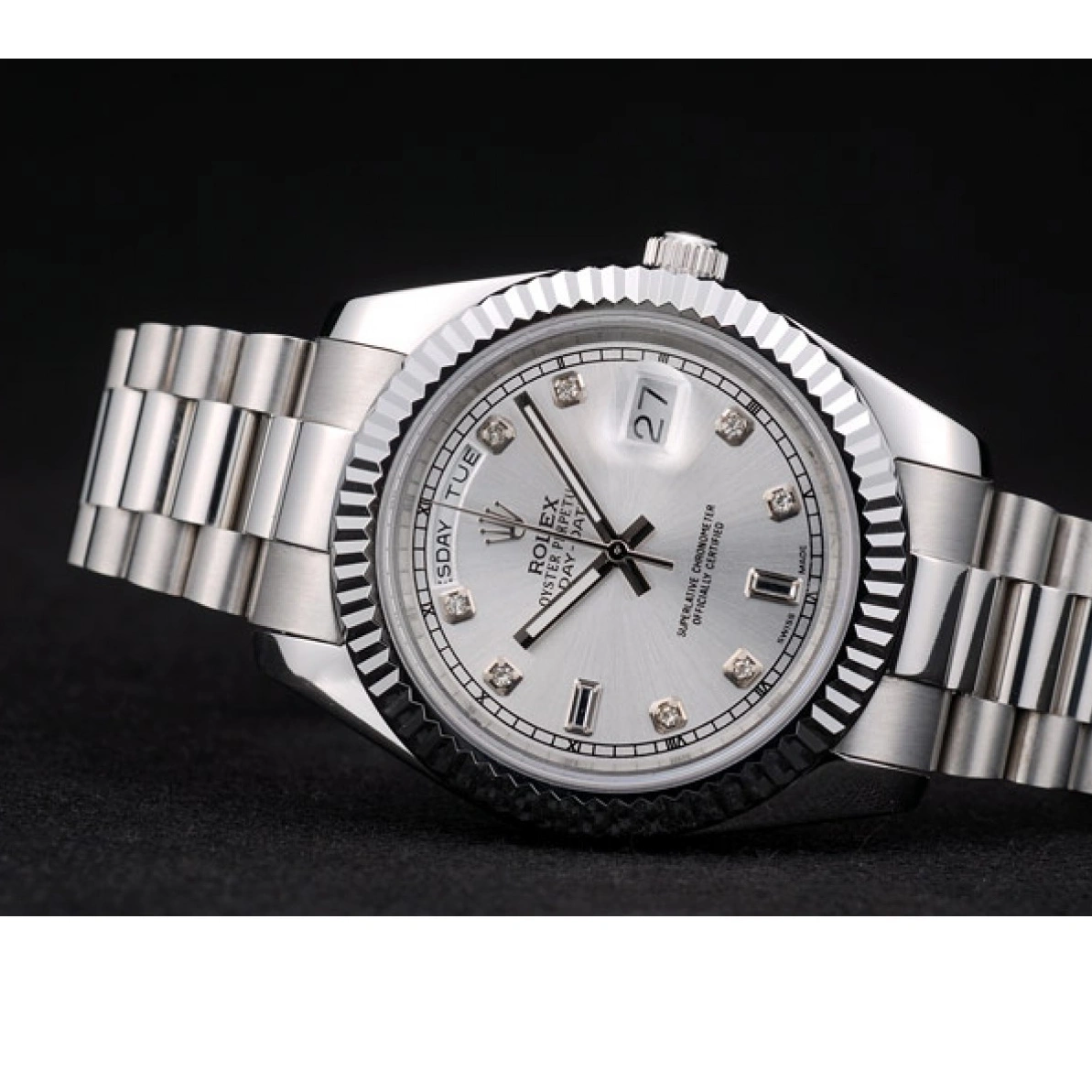 RepTime Watches 0215 Rolex Swiss DayDate Stainless Steel Ribbed Bezel Silver Dial 41995