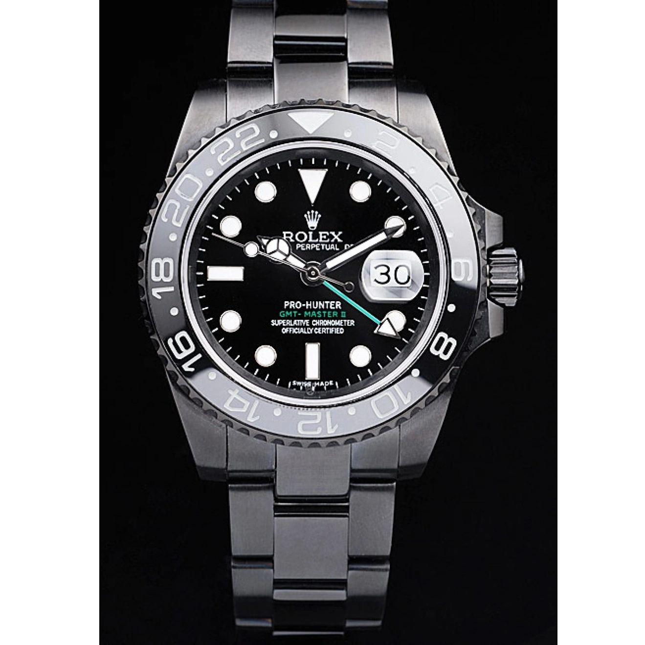 RepTime Watches 0215 Rolex Swiss GMT Master II Pro-Hunter Black Steel Strap Black Dial