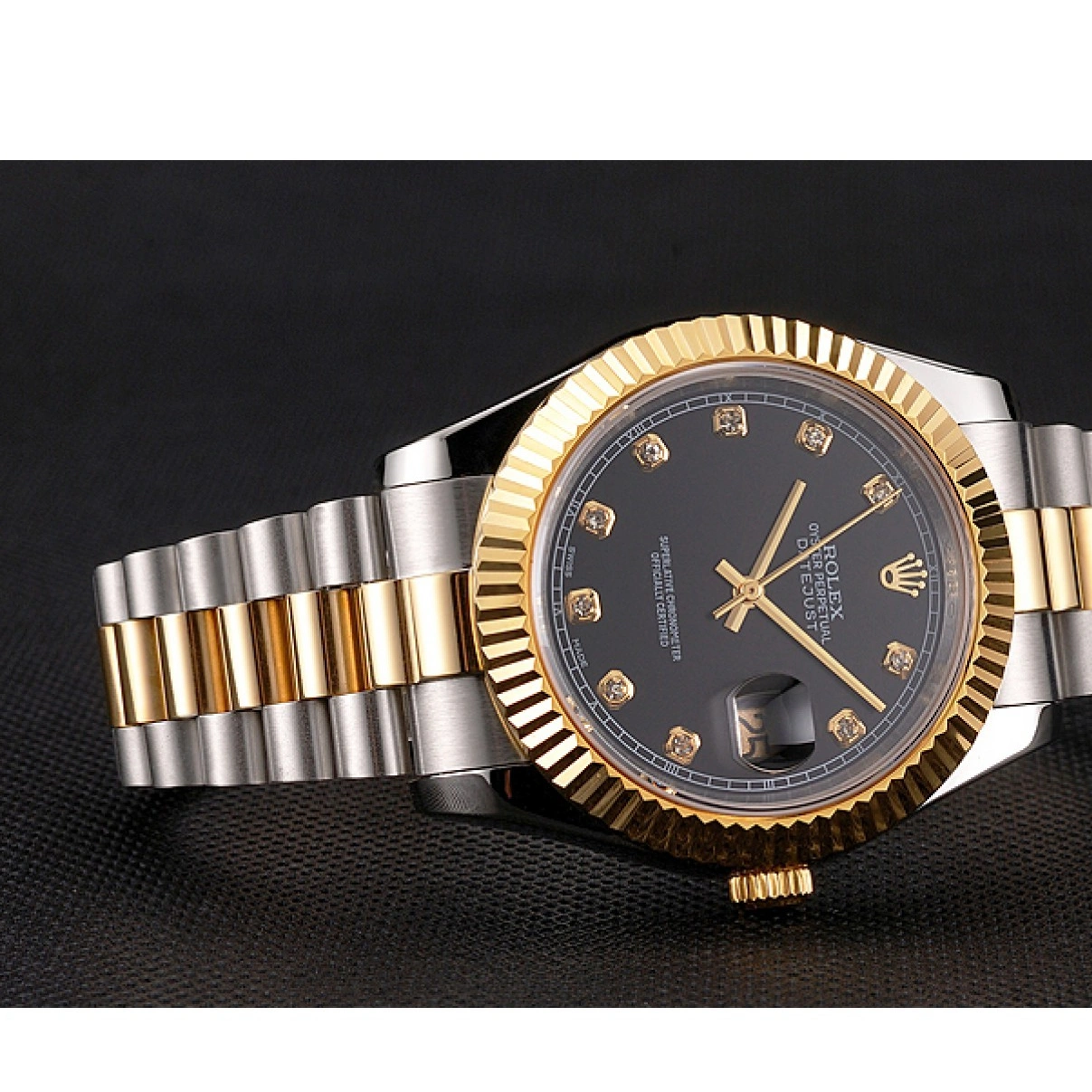 RepTime Watches 0217 Swiss Rolex Datejust Black Dial Stainless Steel Case Gold Bezel Two Tone Bracelet