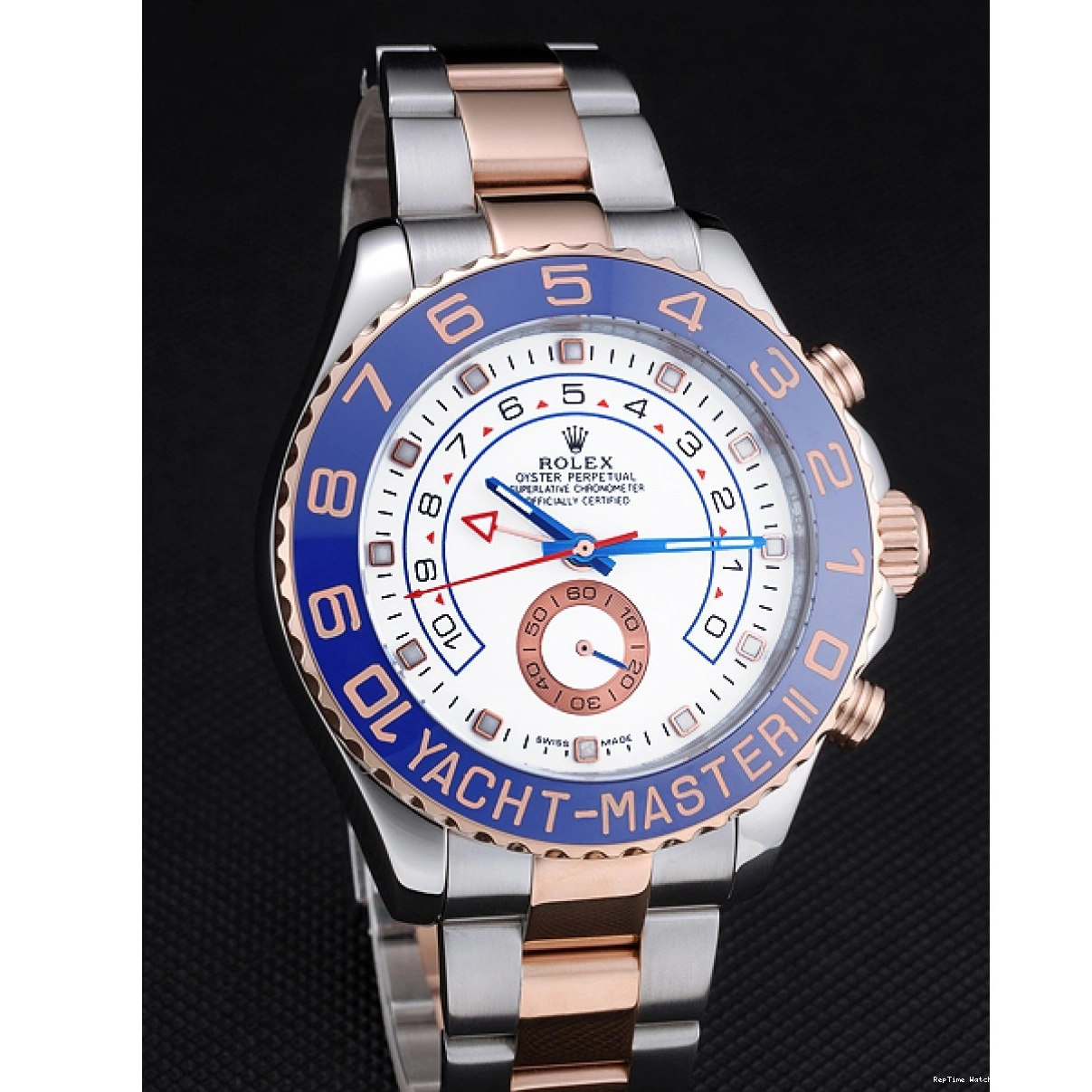 RepTime Watches 0221 Rolex Yacht-Master II White Dial Blue Bezel Stainless Steel and Rose Gold Bracelet 622270