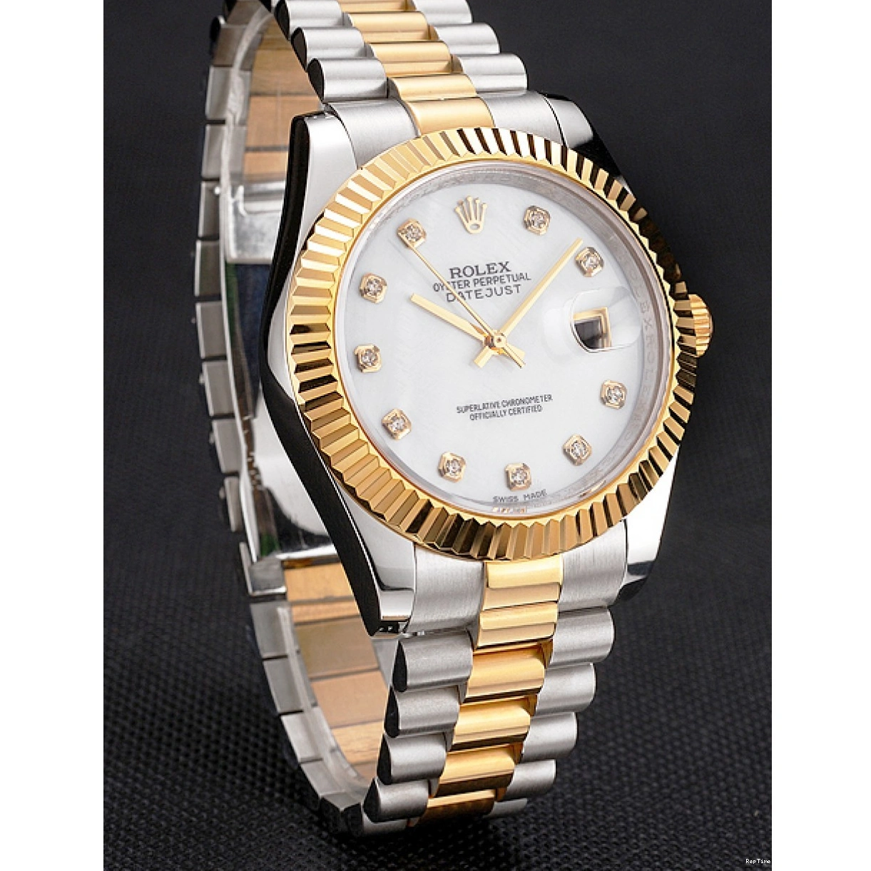 RepTime Watches 0216 Swiss Rolex Datejust White Dial Diamond Hour Marks Gold Bezel Stainless Steel Case Two Tone Bracelet