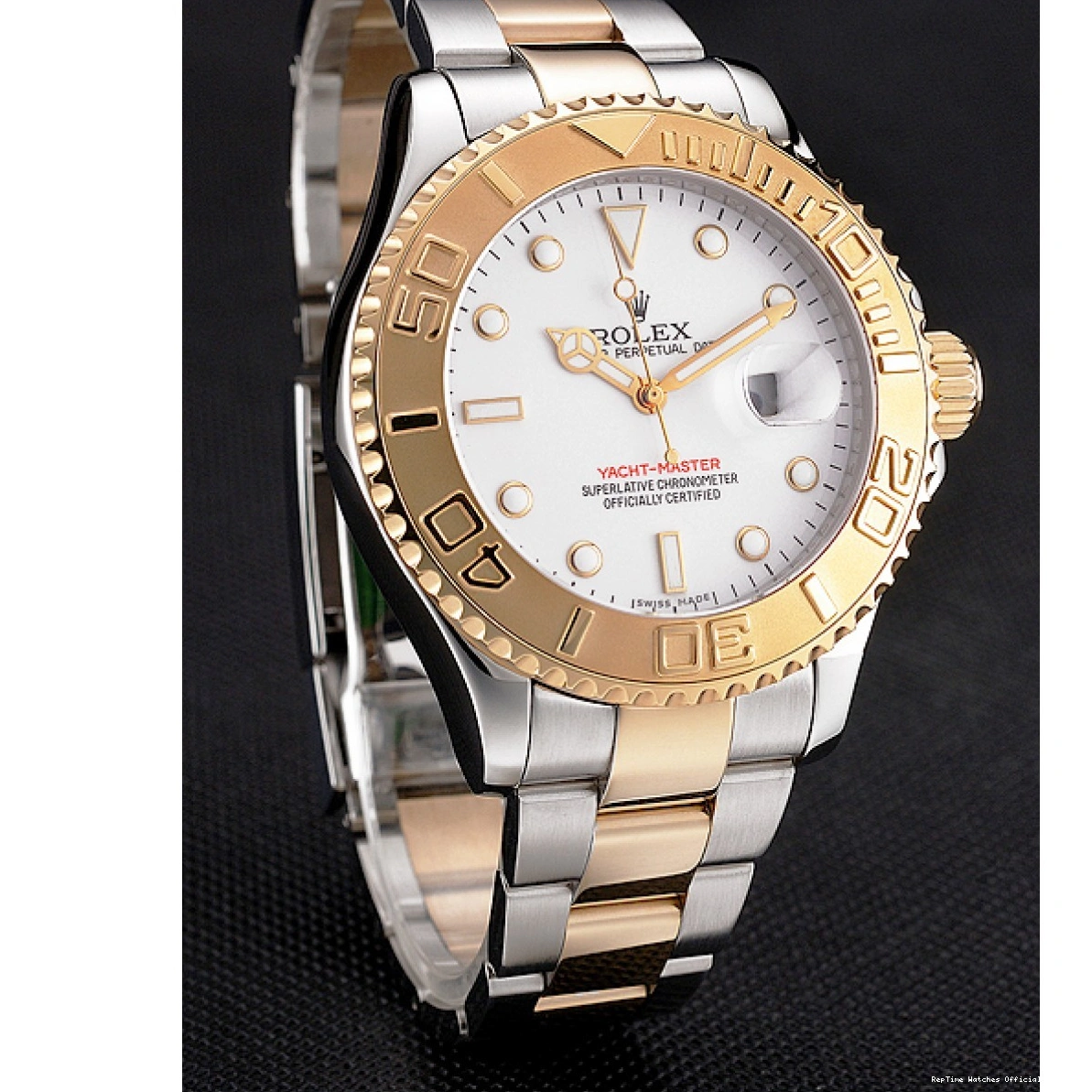 RepTime Watches 0219 Rolex Yacht-Master White Dial Gold Bezel Stainless Steel Case Two Tone Bracelet