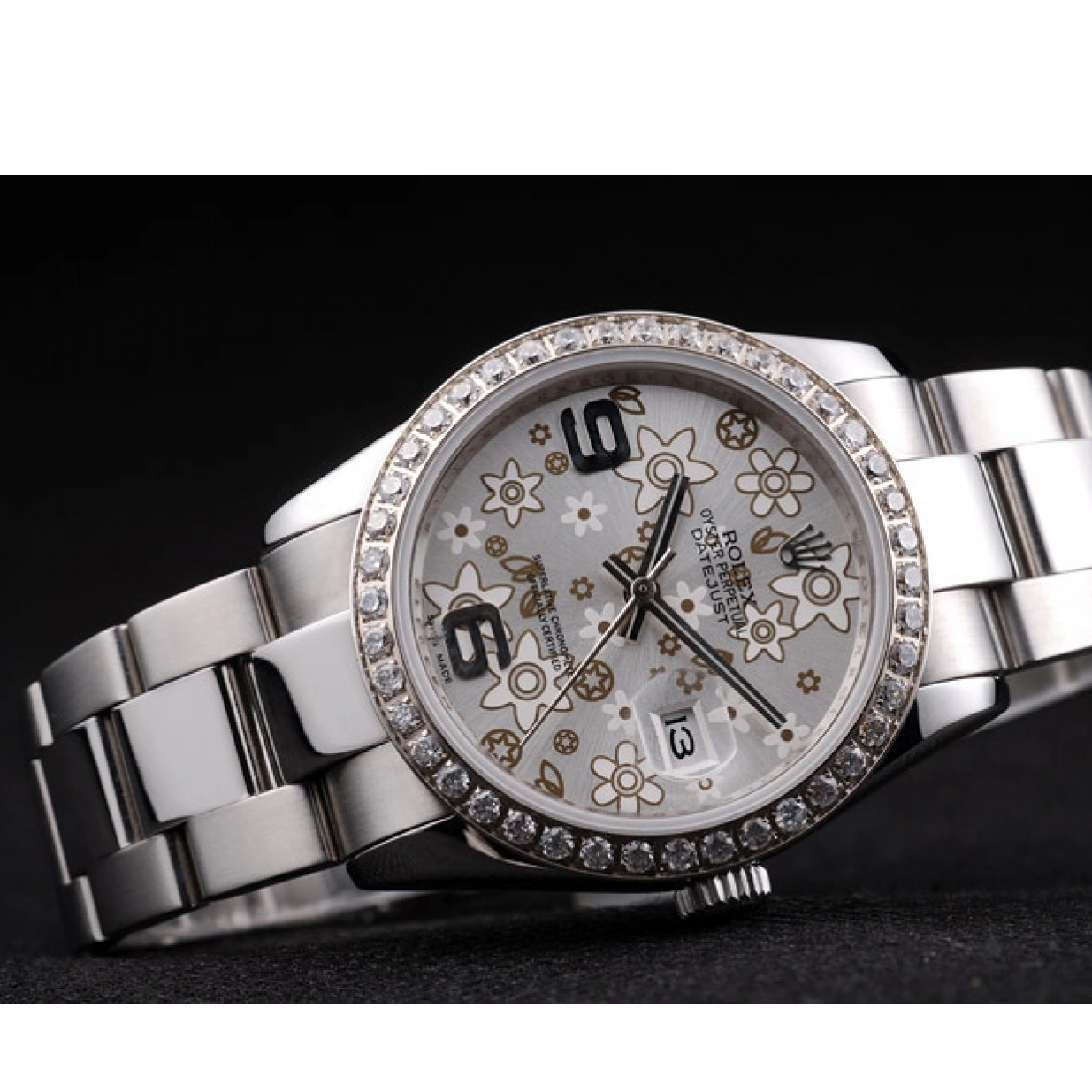 RepTime Watches 0220 Rolex Datejust Stainless Steel Silver Flowers Dial Diamond Plated rl305