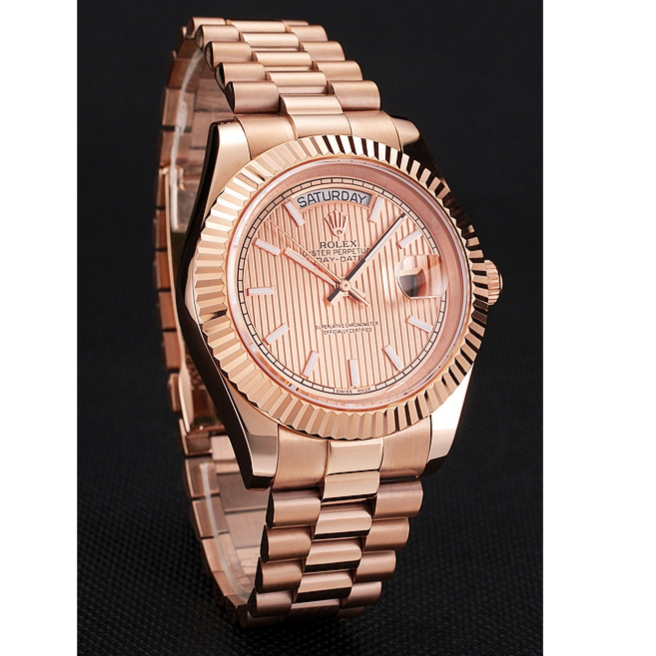 RepTime Watches 0221 Swiss Rolex Day Date 40 Rose Gold Etched Dial Rose Gold Case And Bracelet