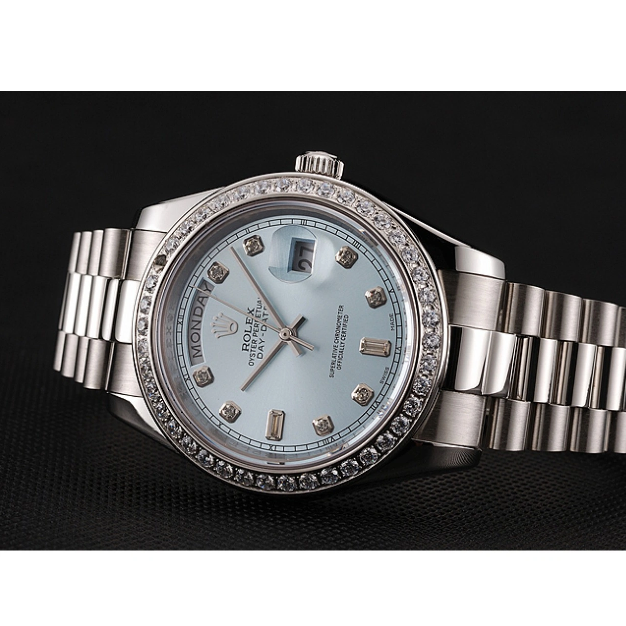 RepTime Watches 0211 Swiss Rolex Day-Date Ice Blue Dial Diamond Case Diamond Numerals Stainless Steel Bracelet 1453963