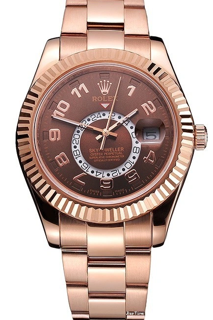 RepTime Watches 0218 Rolex Sky Dweller Brown Dial Rose Gold Case Brown Leather Strap