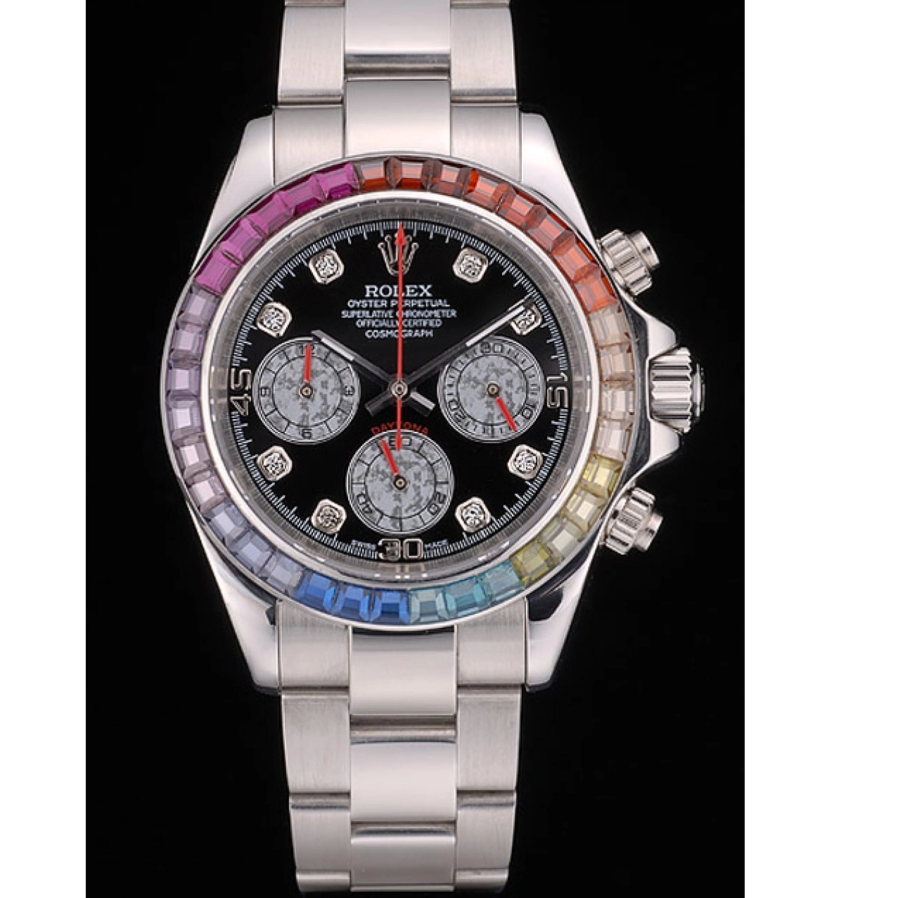 RepTime Watches 0224 Rolex Daytona Cosmograph Rainbow Crystals Bezel Stainless Steep Strap Black Dial 80250