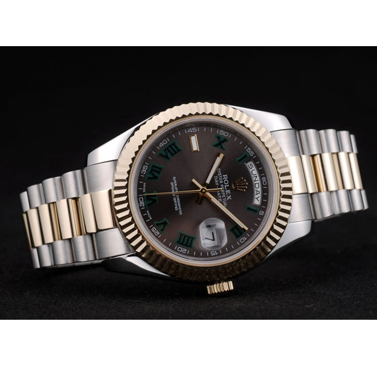 RepTime Watches 0219 Rolex Swiss DayDate Gold Stainless Steel Ribbed Bezel Grey Dial 41909