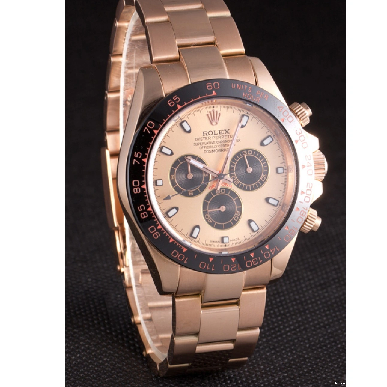 RepTime Watches 0216 Rolex Daytona Ion Plated Tachymeter Rose Gold Strap Rose Gold Dial 80244