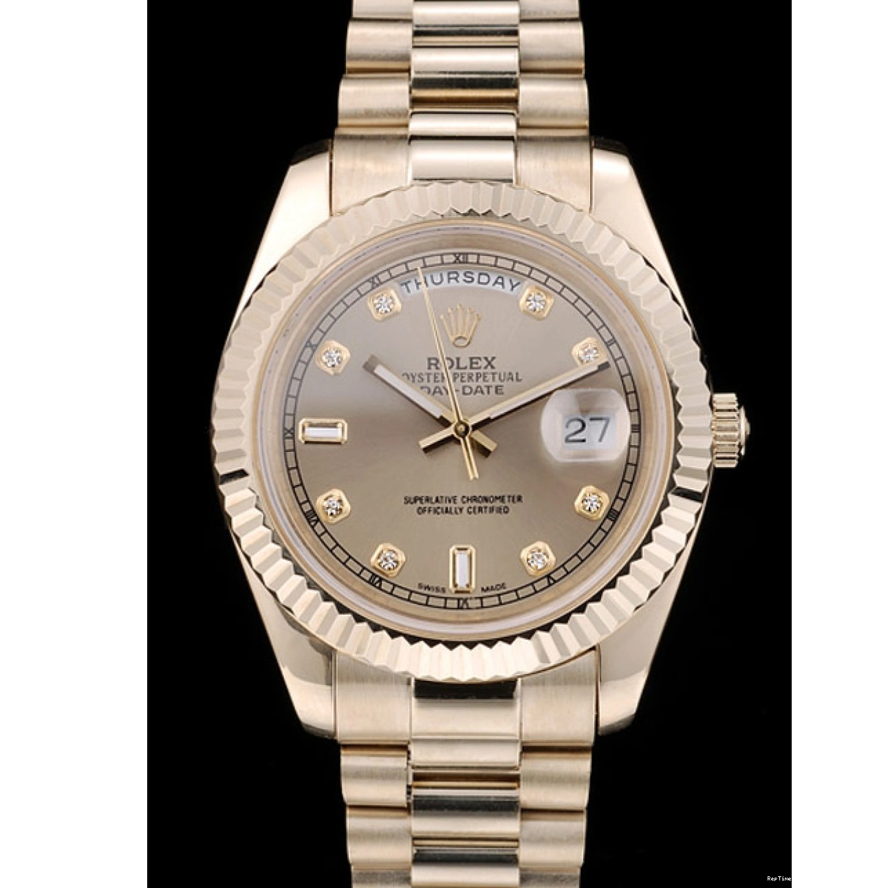 RepTime Watches 0221 Rolex Swiss DayDate Gold Stainless Steel Ribbed Bezel Gold Dial 41997