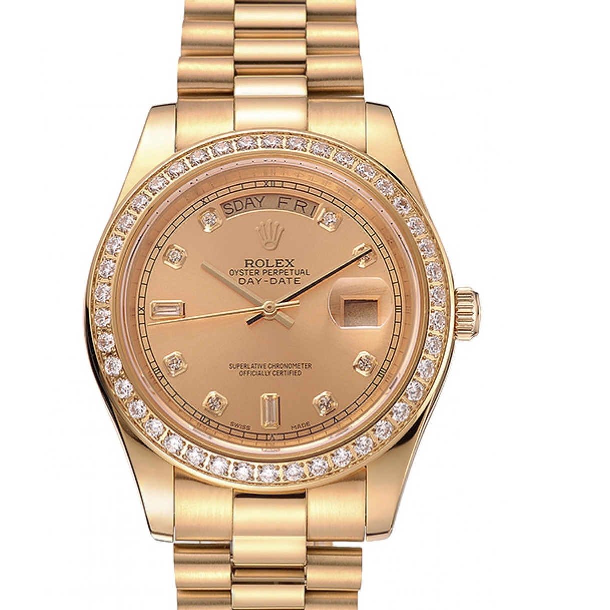 RepTime Watches 0219 Swiss Rolex Day-Date Champagne Dial Diamond Bezel Gold Bracelet 1454099