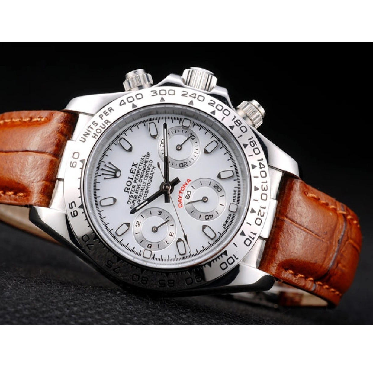 RepTime Watches 0222 Rolex Daytona Lady Stainless Steel Case White Dial Brown Leather Strap Tachymeter