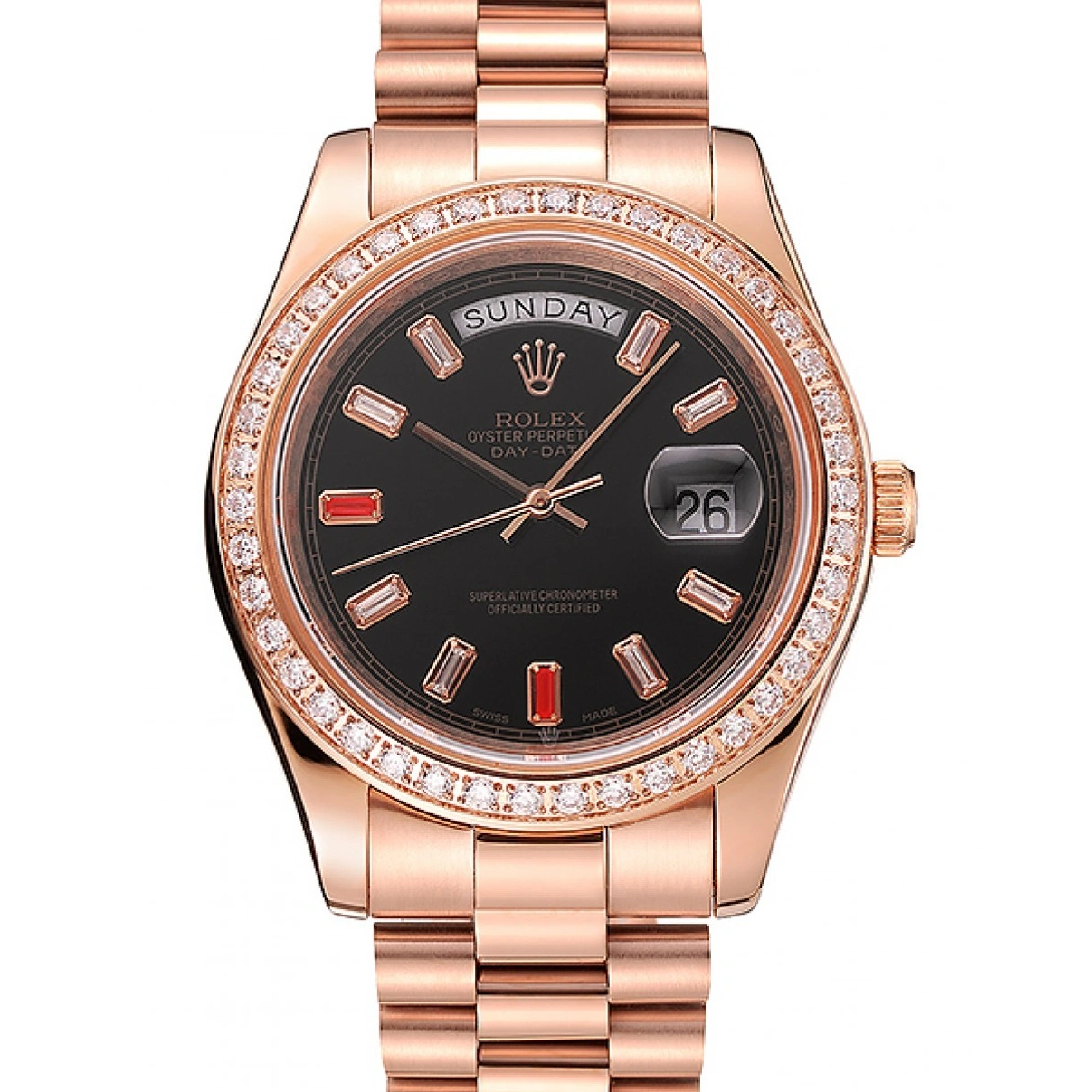 RepTime Watches 0211 Swiss Rolex Day-Date Diamonds And Rubies Black Dial Rose Gold Bracelet 1454102