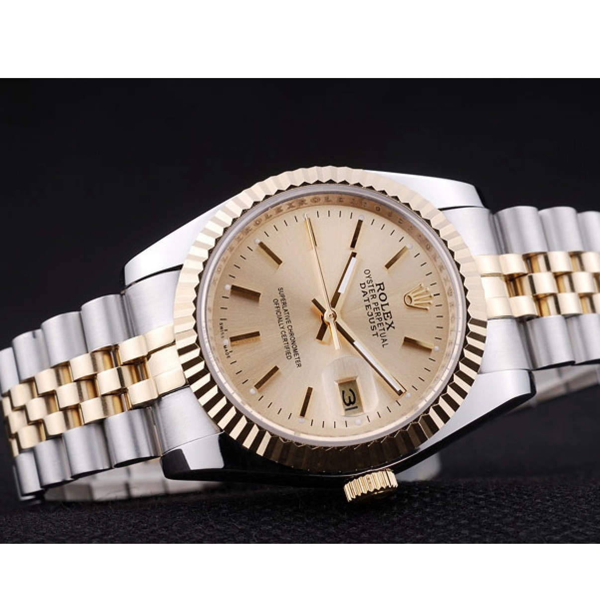 RepTime Watches 0226 Rolex Datejust Gold Dial Ribbed Bezel 7450