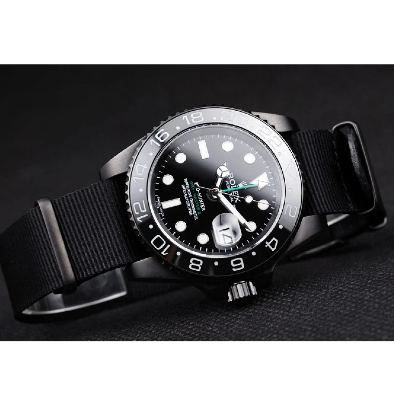 RepTime Watches 0209 Rolex Swiss GMT Master II Pro-Hunter Black Fabric Strap Black Dial