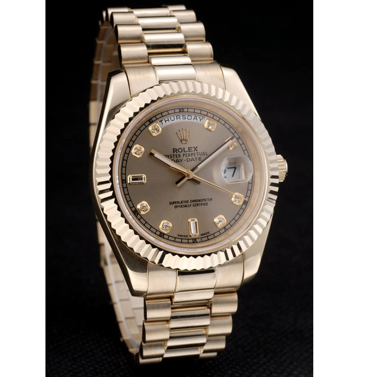 RepTime Watches 0221 Rolex Swiss DayDate Gold Stainless Steel Ribbed Bezel Gold Dial 41997