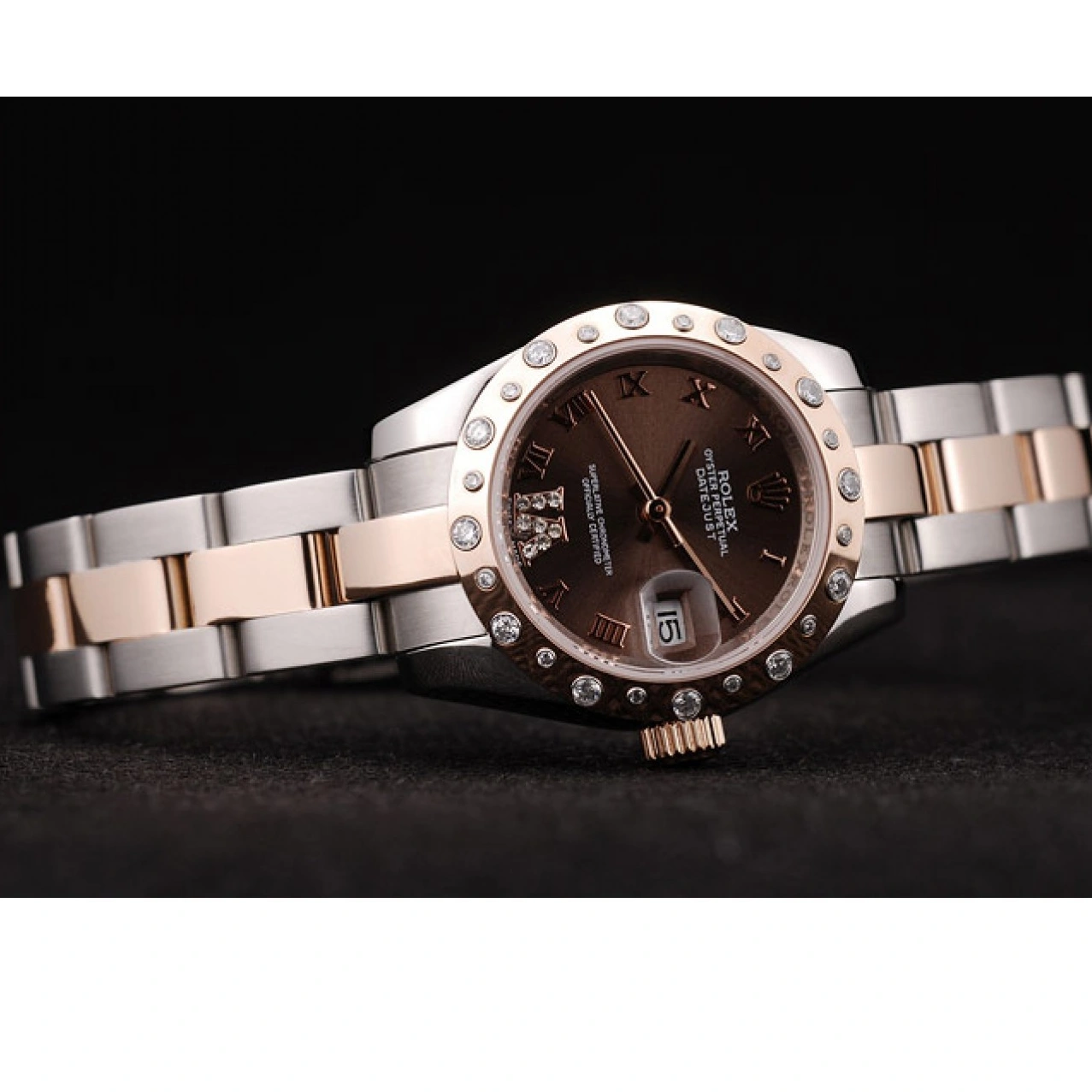 RepTime Watches 0215 Rolex DateJust Brushed Stainless Steel Case Brown Dial Diamond Plated