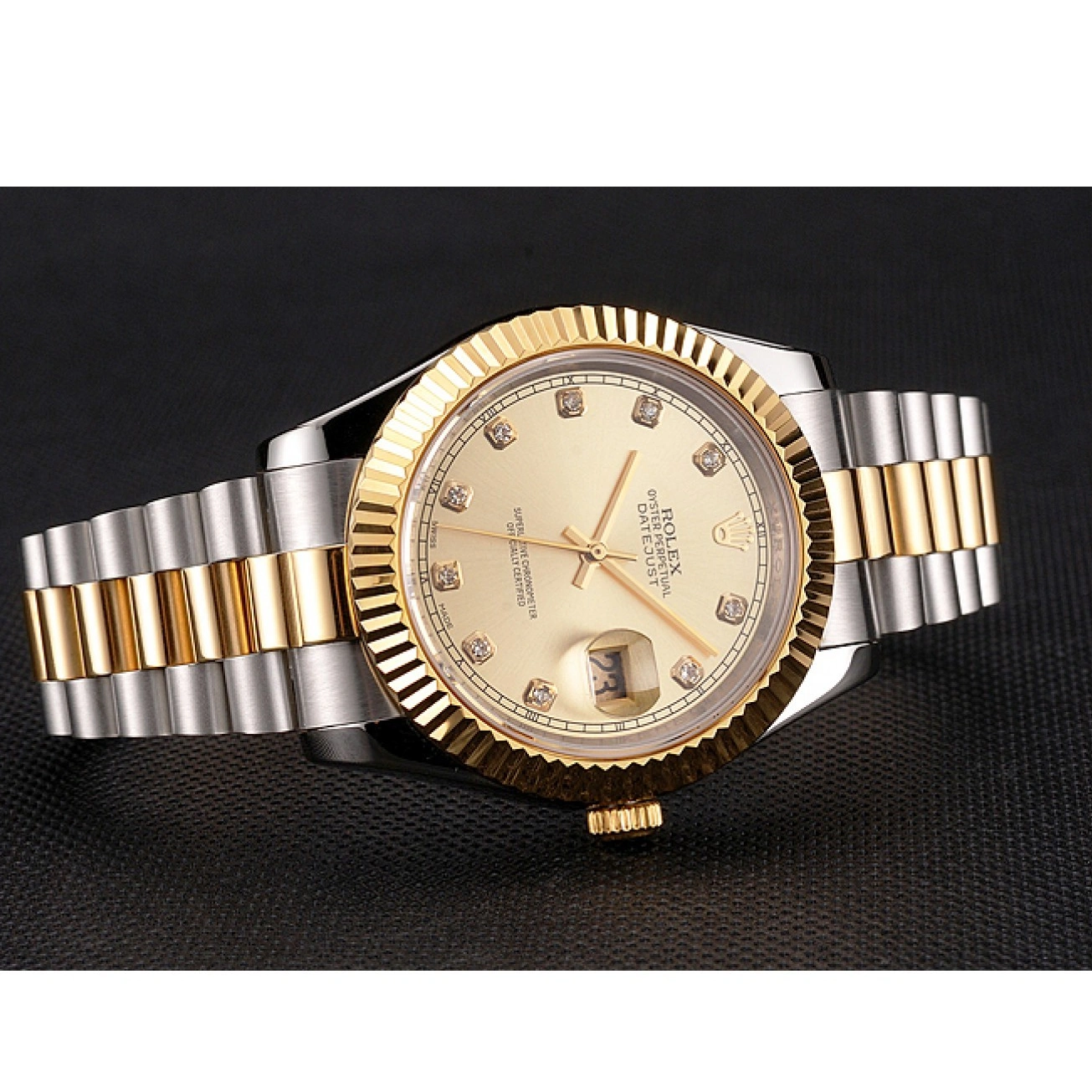 RepTime Watches 0222 Swiss Rolex Datejust Gold Dial And Bezel Stainless Steel Case Two Tone Bracelet