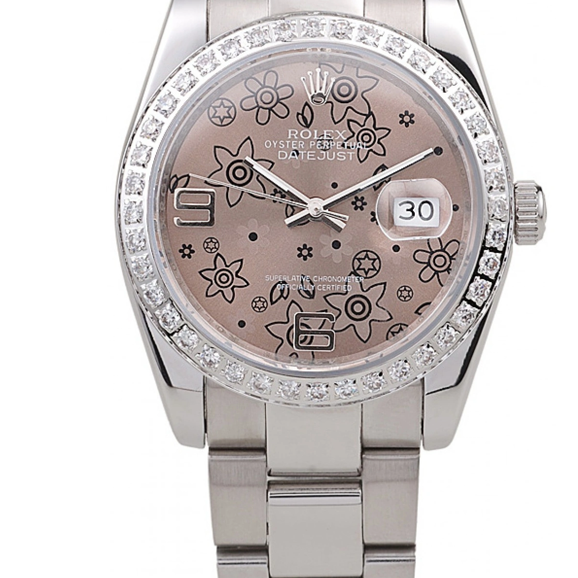 RepTime Watches 0215 Rolex Datejust Polished Stainless Steel Brown Flowers Dial Diamond Plated