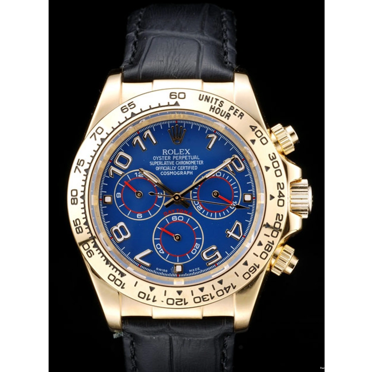 RepTime Watches 0221 Rolex Daytona Gold Case Blue Dial Black Leather Strap