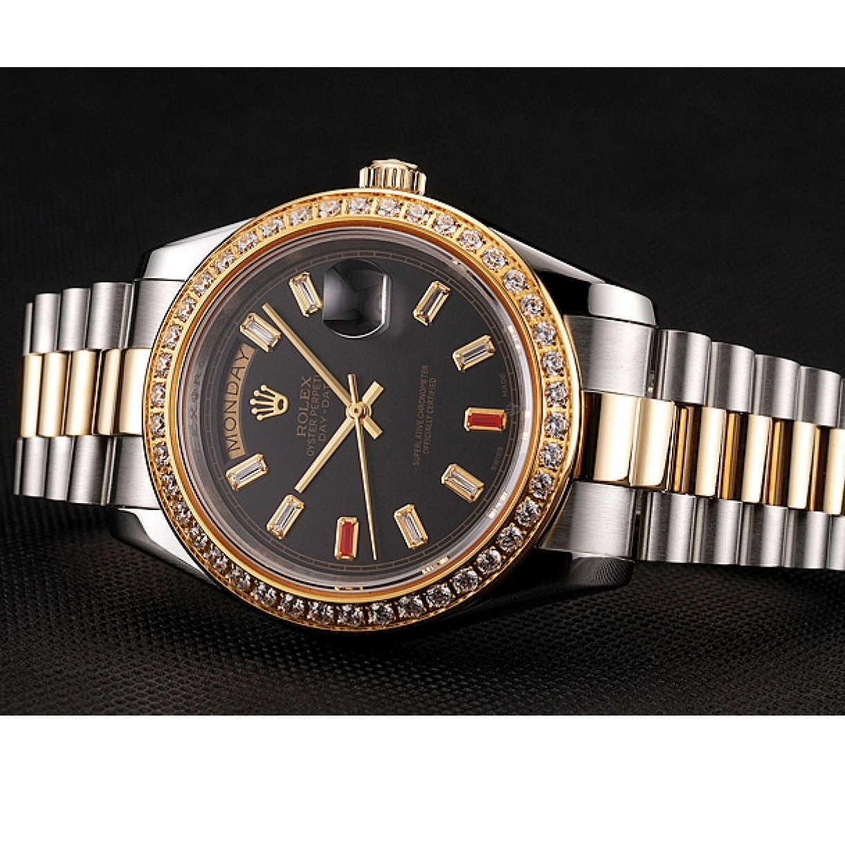 RepTime Watches 0223 Swiss Rolex Day-Date Diamonds And Rubies Black Dial Two Tone Bracelet 1454105