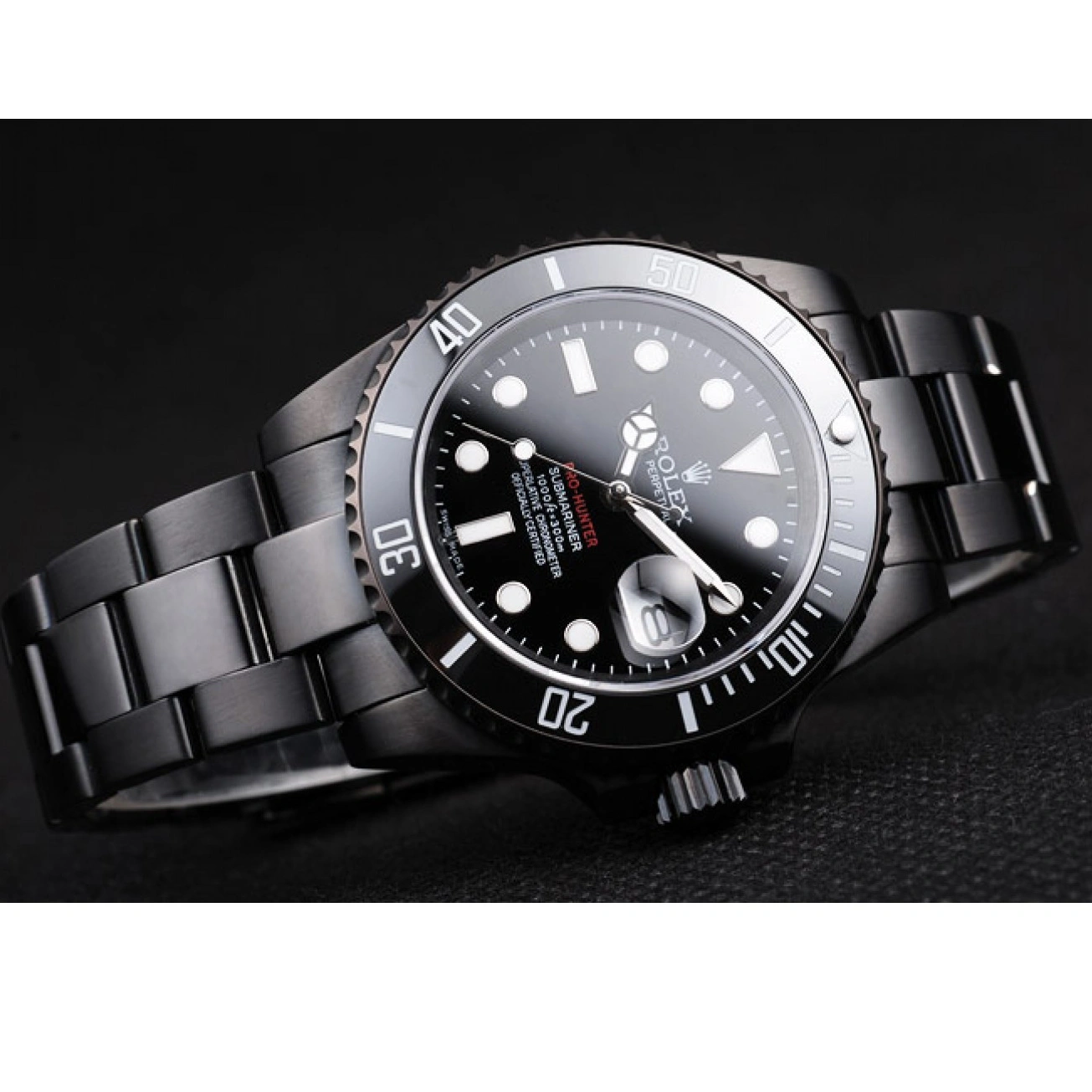 RepTime Watches 0211 Rolex Swiss Submariner Pro-Hunter Black Steel Strap Black Dial