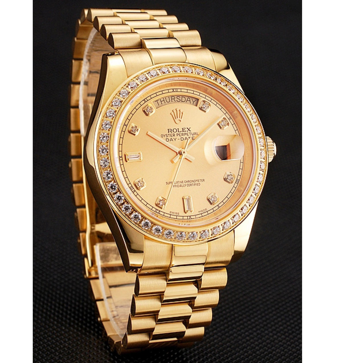 RepTime Watches 0219 Swiss Rolex Day-Date Champagne Dial Diamond Bezel Gold Bracelet 1454099