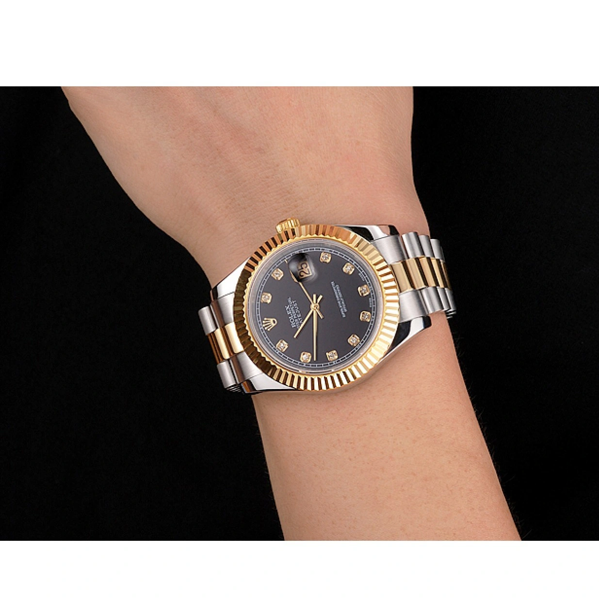 RepTime Watches 0217 Swiss Rolex Datejust Black Dial Stainless Steel Case Gold Bezel Two Tone Bracelet