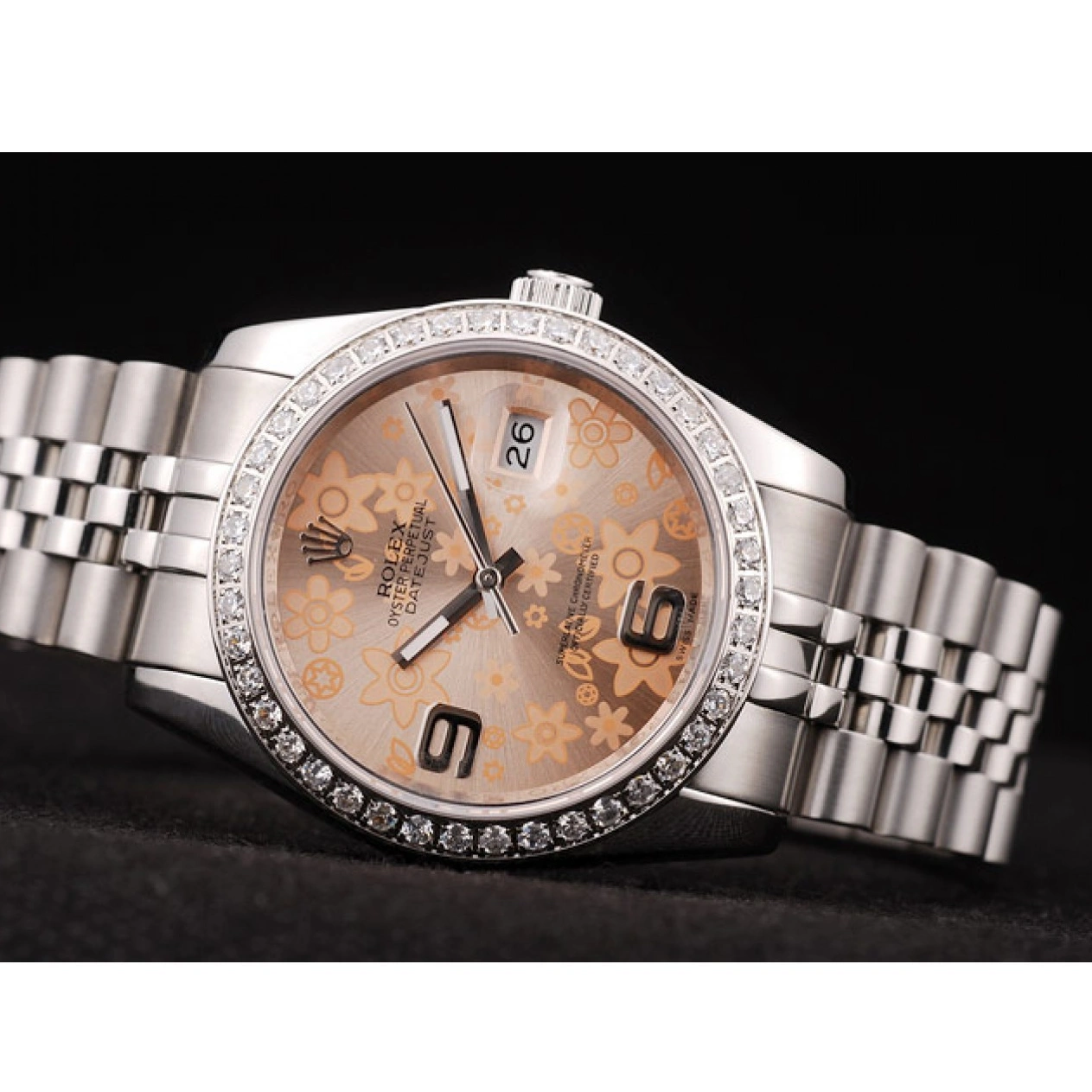 RepTime Watches 0208 Rolex DateJust Brushed Stainless Steel Case Orange Flowers Dial Diamonds Plated