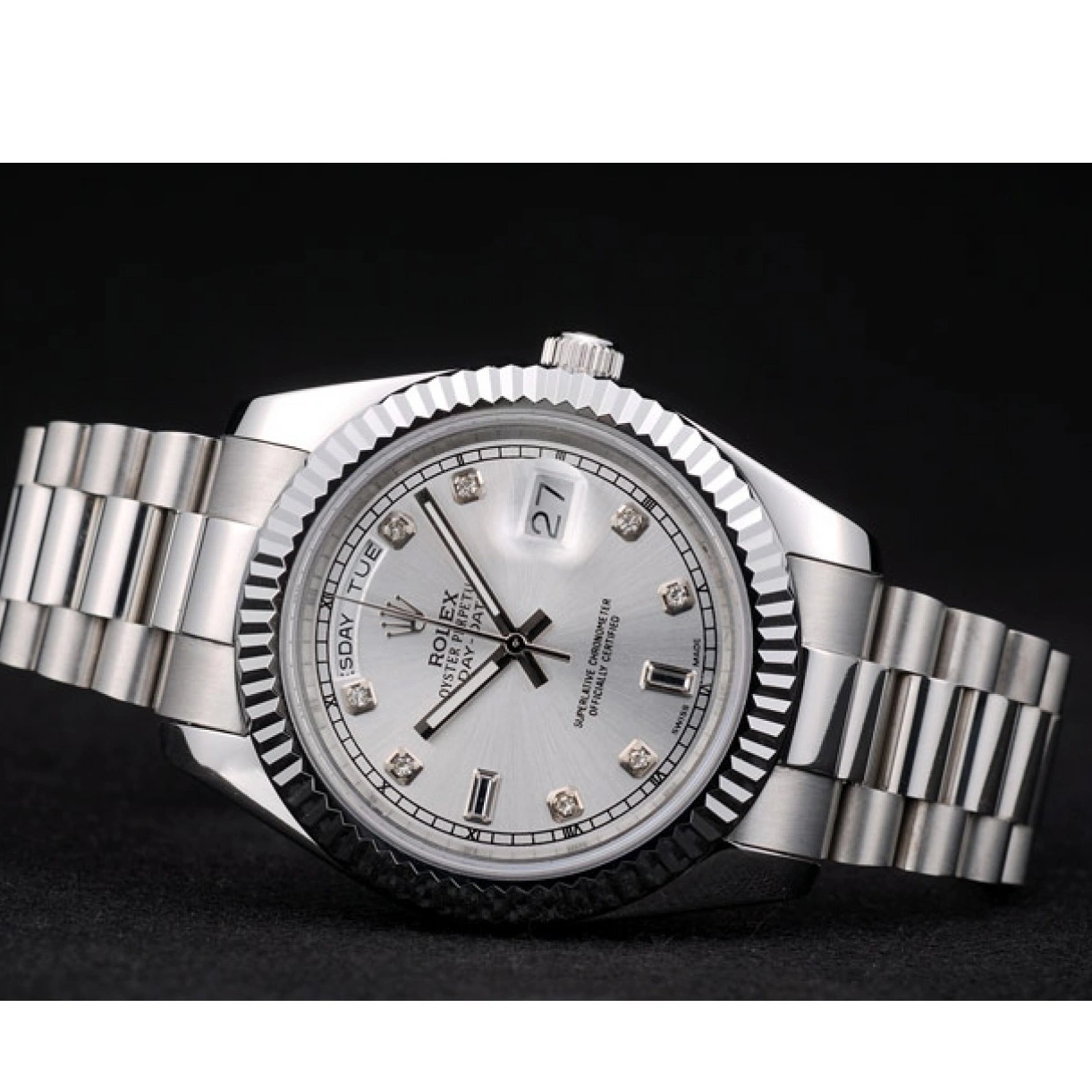 RepTime Watches 0220 Rolex Swiss DayDate Stainless Steel Ribbed Bezel Silver Dial 41995