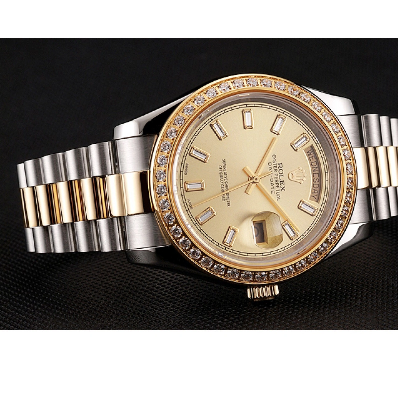 RepTime Watches 0215 Swiss Rolex Day-Date Champagne Dial Diamond Bezel Two Tone Bracelet 1454103