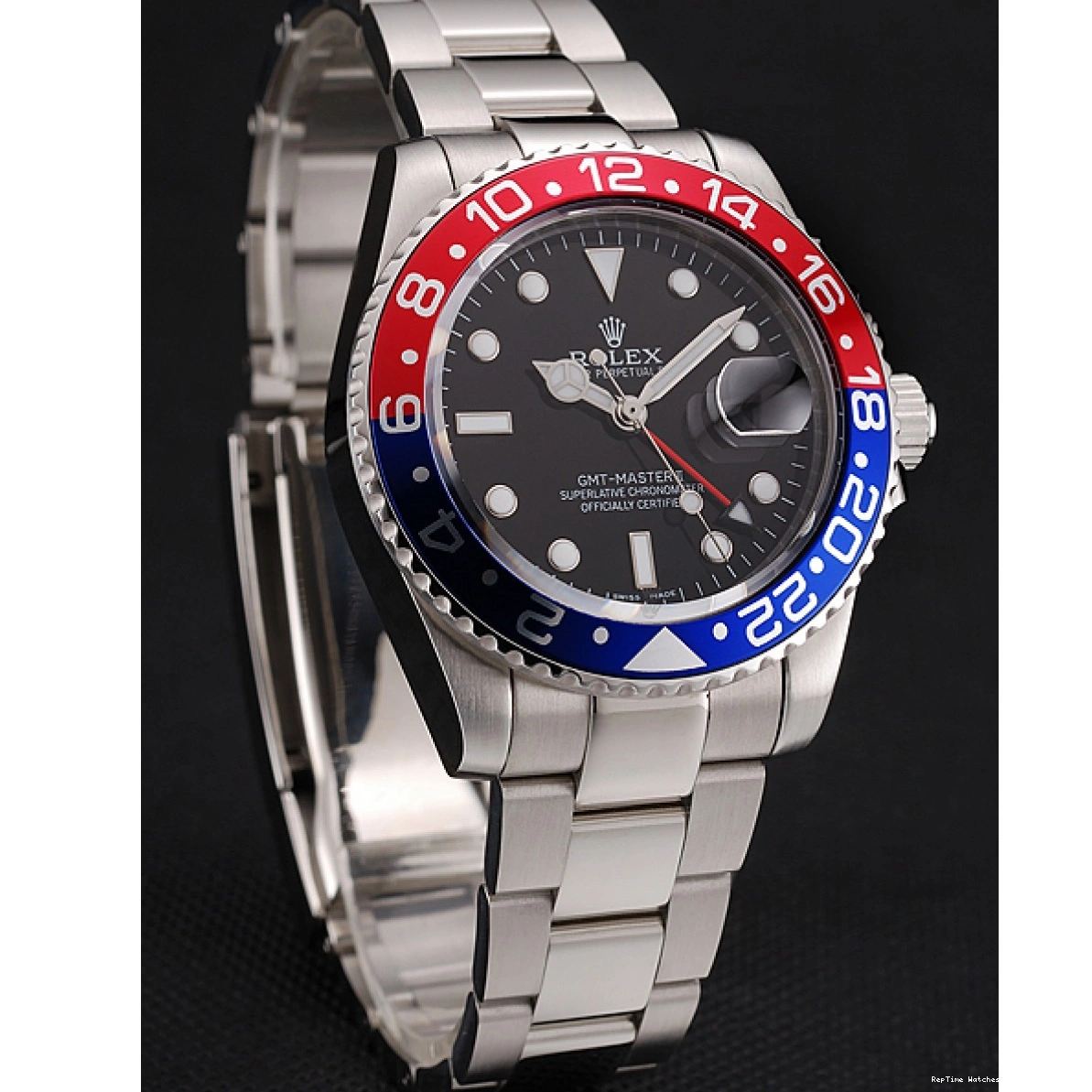 RepTime Watches 0220 Swiss Rolex GMT Master II Black Dial Pepsi Bezel Stainless Steel Case And Bracelet 1453751