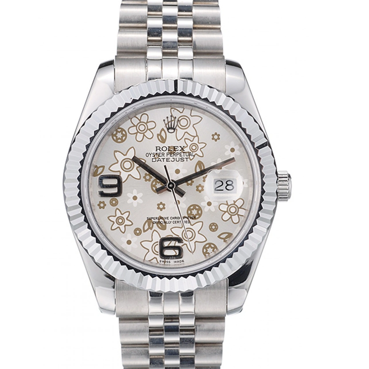 RepTime Watches 0221 Rolex Swiss DateJust Stainless Steel Ribbed Bezel Flower Silver Dial 42001