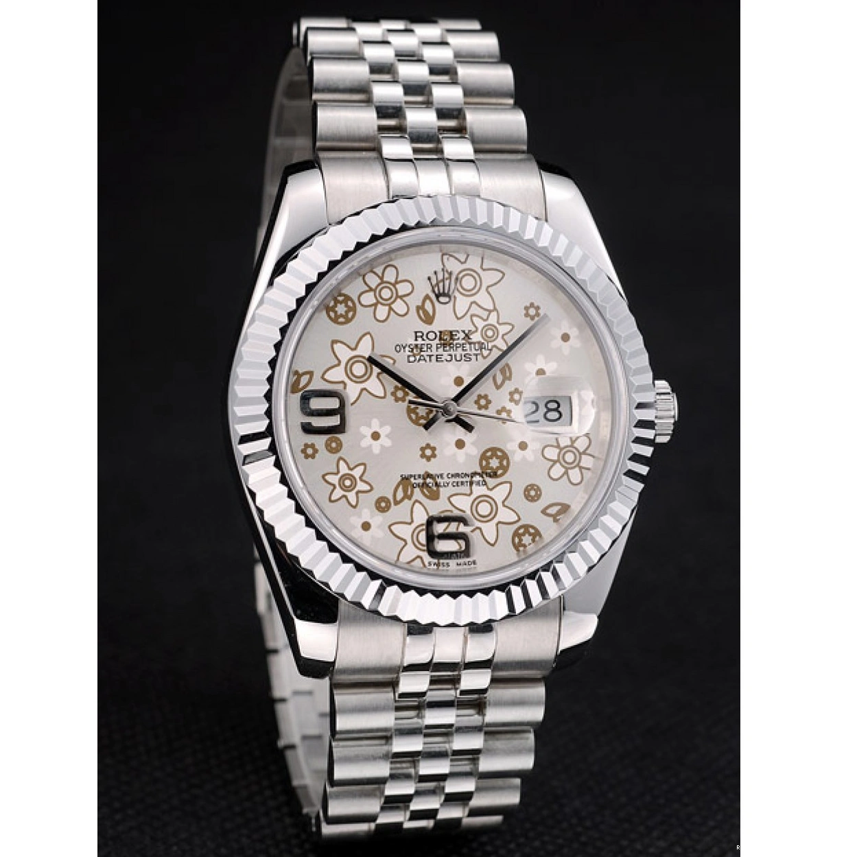 RepTime Watches 0221 Rolex Swiss DateJust Stainless Steel Ribbed Bezel Flower Silver Dial 42001