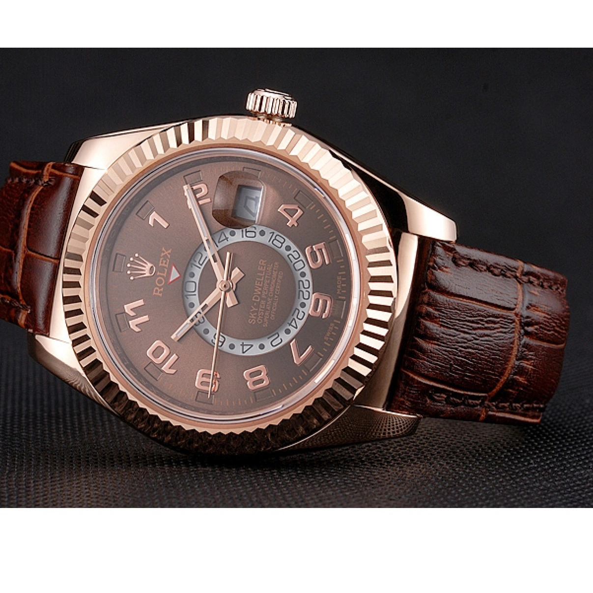 RepTime Watches 0218 Rolex Sky Dweller Brown Dial Rose Gold Case Brown Leather Strap