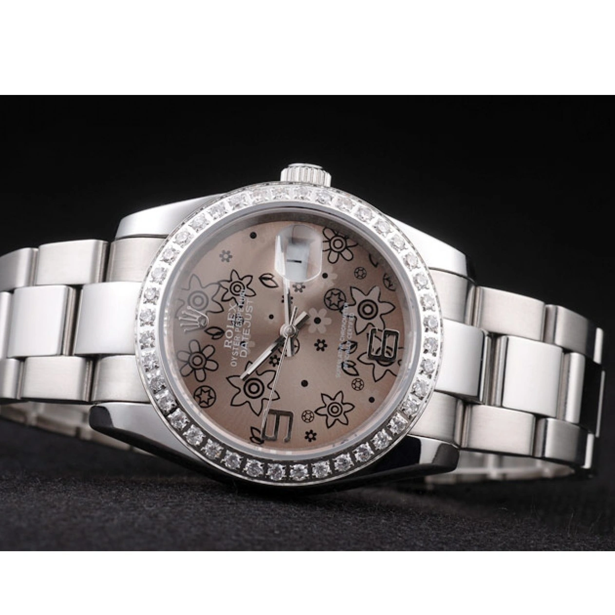 RepTime Watches 0215 Rolex Datejust Polished Stainless Steel Brown Flowers Dial Diamond Plated