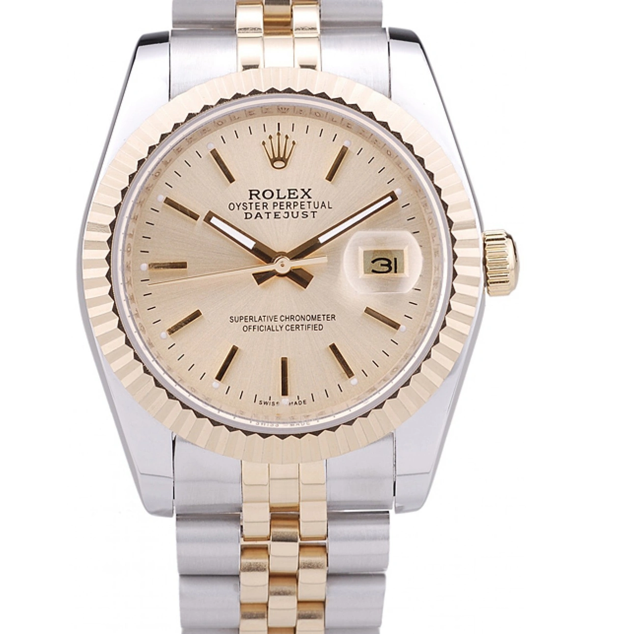 RepTime Watches 0226 Rolex Datejust Gold Dial Ribbed Bezel 7450