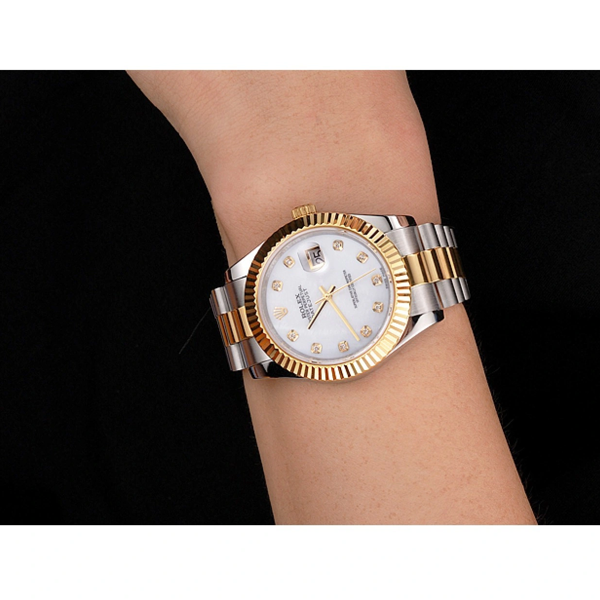 RepTime Watches 0216 Swiss Rolex Datejust White Dial Diamond Hour Marks Gold Bezel Stainless Steel Case Two Tone Bracelet