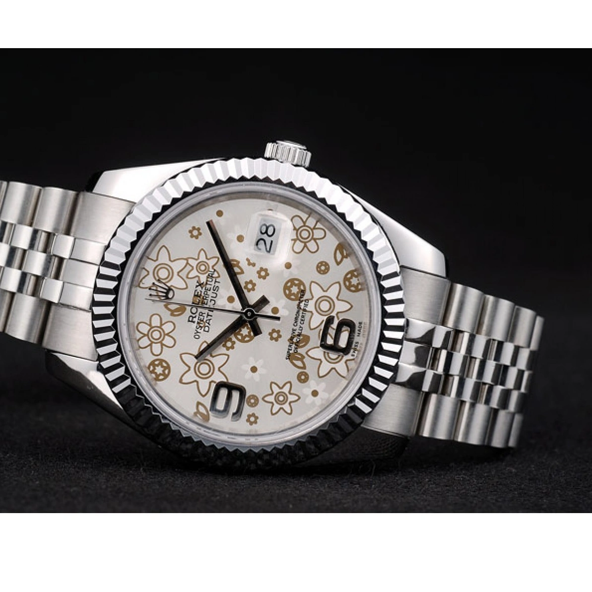 RepTime Watches 0221 Rolex Swiss DateJust Stainless Steel Ribbed Bezel Flower Silver Dial 42001