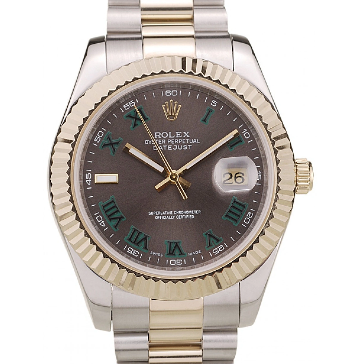 RepTime Watches 0212 Rolex DateJust Gold Ribbed Pattern Bezel Brown Dial