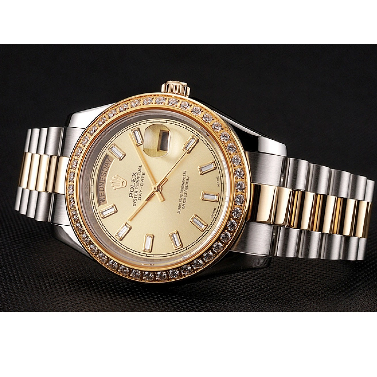 RepTime Watches 0215 Swiss Rolex Day-Date Champagne Dial Diamond Bezel Two Tone Bracelet 1454103