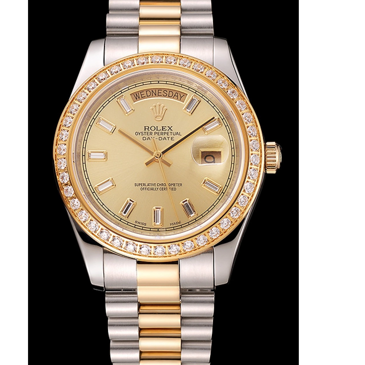 RepTime Watches 0215 Swiss Rolex Day-Date Champagne Dial Diamond Bezel Two Tone Bracelet 1454103